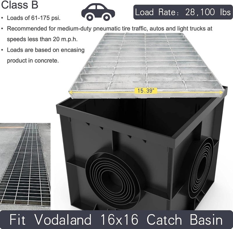 masslunt Galvanized Steel Drain Grate 16x16 in for Vodaland Catch Basin, B-Class 28100 lbs Heavy-Duty Outdoor Driveway Trench Drainage Grate, Square Metal Channel Sewer Cover (True 15.4x15.4) - Image 2